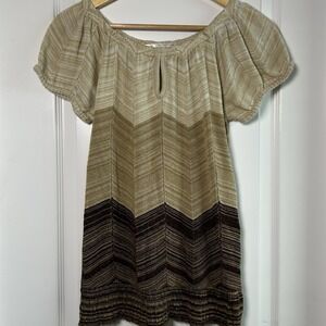 Decree Vintage Y2K Boho Knit Tan Brown Chevron Colorblock Babydoll Tunic‎ Top